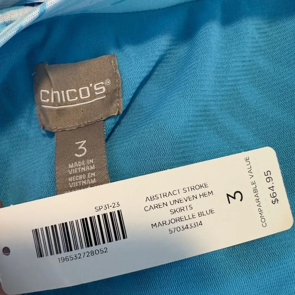 Chicos Blue Abstract Mesh Midi Skirt Asymmetrical Hem Womens XL Pull‎ On NWT